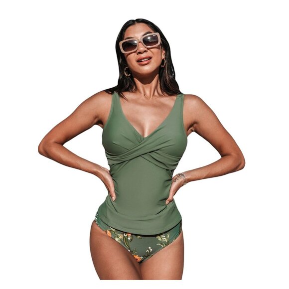 Cupshe Other - NWT Cupshe Ruched Tankini Top & Tropical Mid-Rise Bottom Swims Set Green Multi L